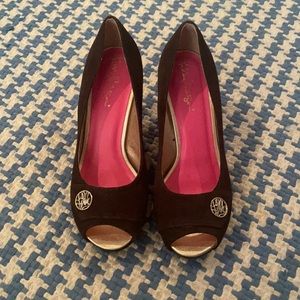 Lilly Pulitzer Brown Suede Peep Toe Wedges with Pink Insole